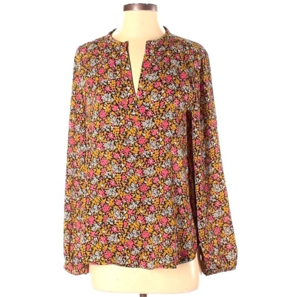 LOFT sz S black & yellow floral balloon sleeve top